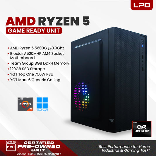 Gaming Unit AMD Ryzen 5 5600G @3.9Ghz Biostar A520MHP AM4 Socket Team Group 8GB DDR4 120GB SSD YGT Top One 750W YGT Mars 6 Generic Casing (Game Ready)