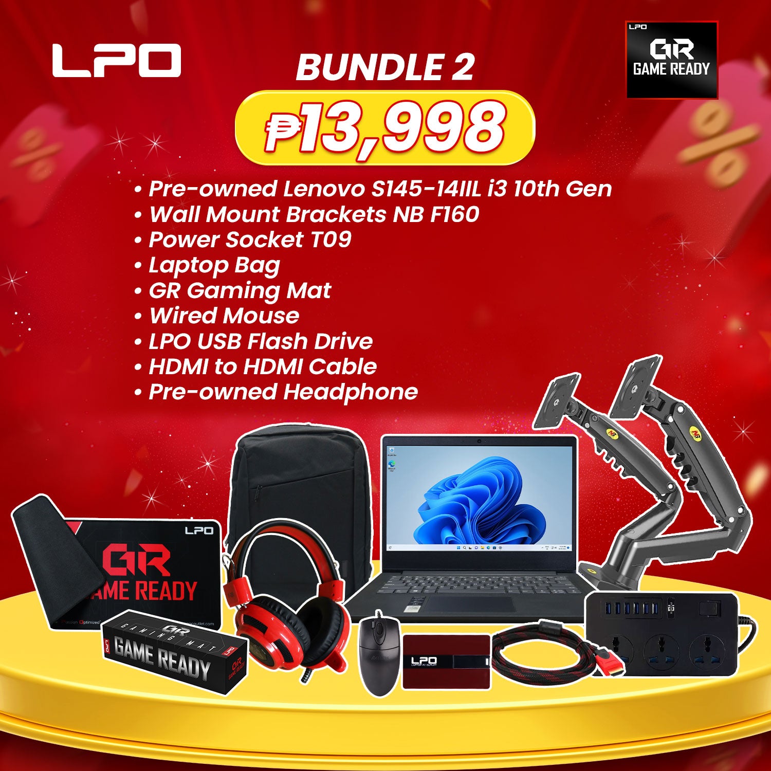 GR Bundle sale Pre-owned Lenovo S145-14IIL Wall Mount Brackets NB F160 Power Socket T09 Laptop Bag GR Extended Gaming Mouse Pad Wired Mouse LPO Usb Flash Drive HDMI to HDMI Cable Pre-owned Headphone