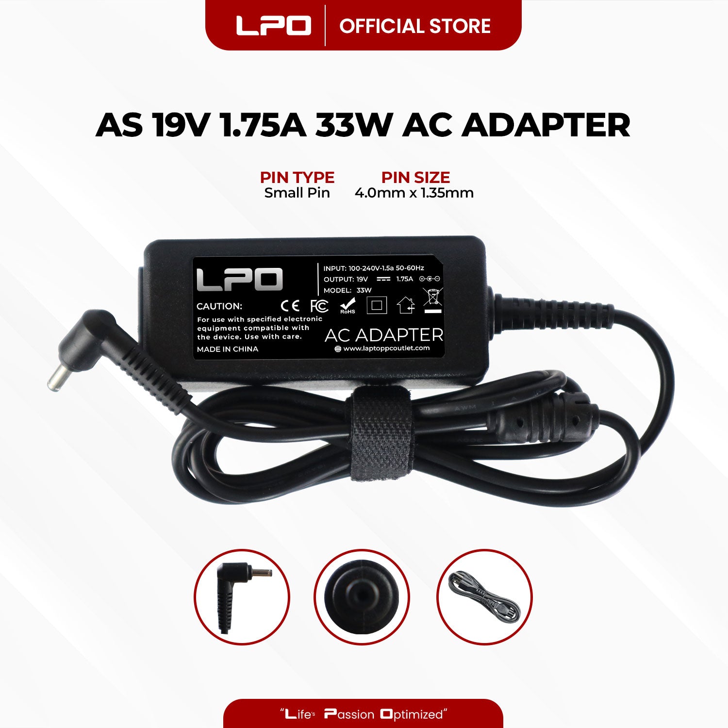 Laptop Charger Asus 19V 1.58A / 1.75A 33W Small Pin 4.0mm x 1.35mm Compatible with Asus C200 C200MA
