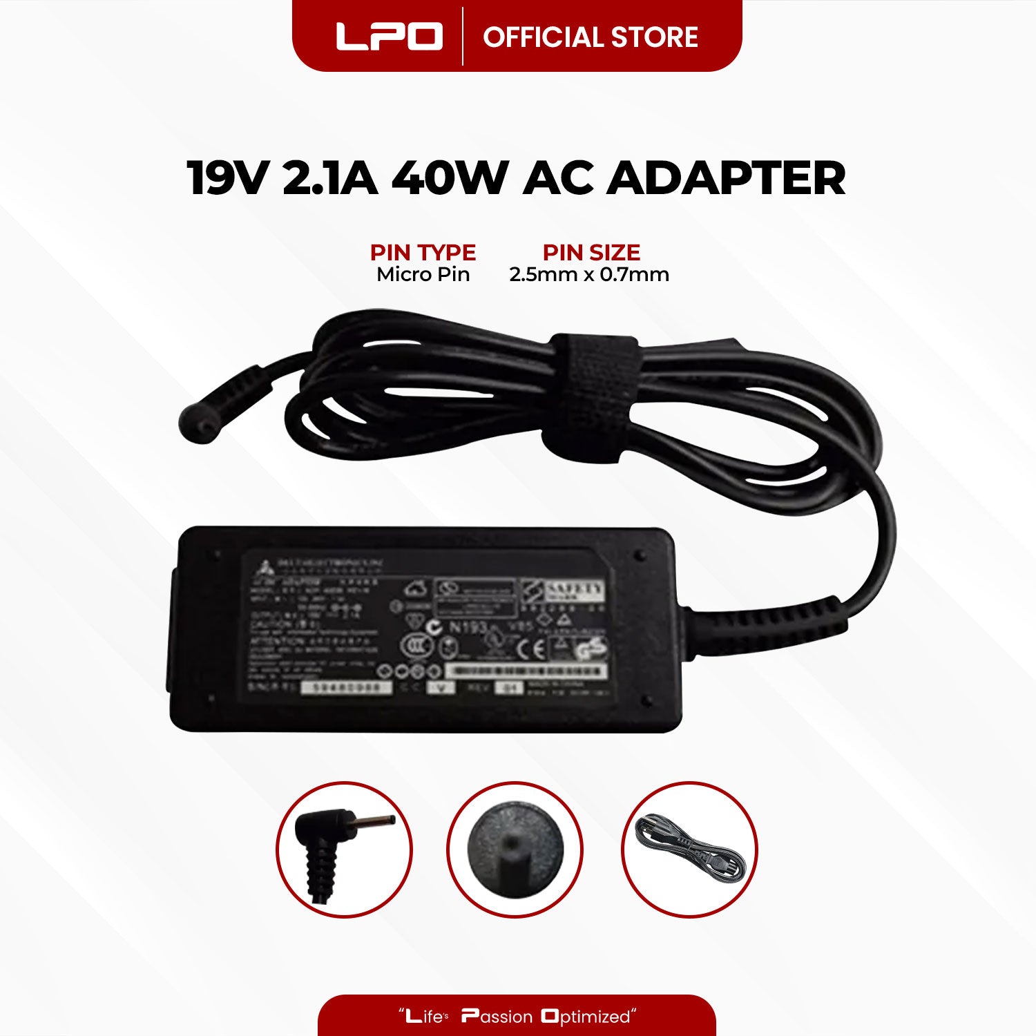 Laptop Charger Asus 19V 2.1A 40W Micro Pin 2.5mm x 0.7mm Compatible with Asus EeePC Seashell 1008 1008P 1008HAG