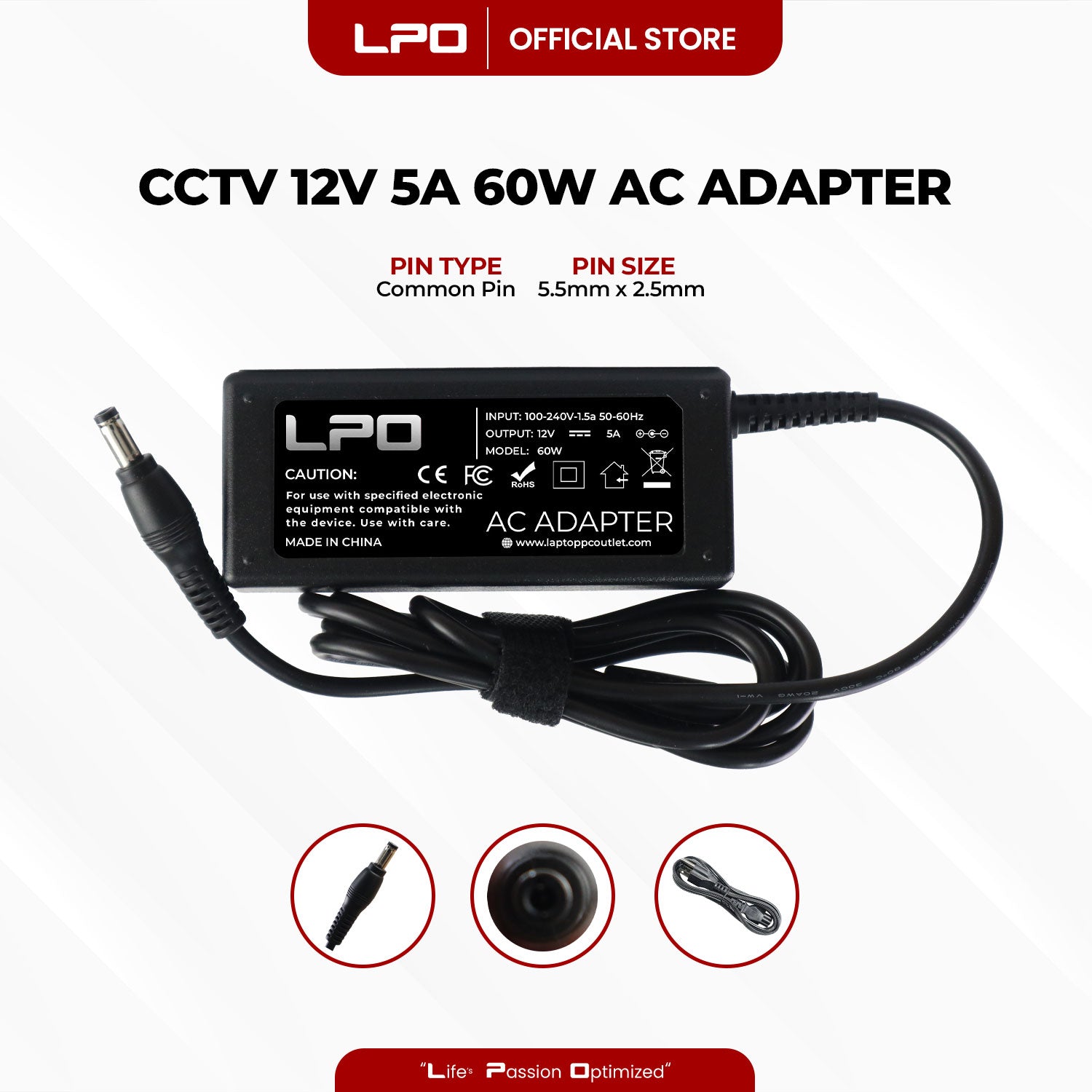 CCTV 12V 5A 60W Common Pin 5.5mm x 2.5mm Compatible with CCTV Camera, LED Monitor and other electronics equipment.