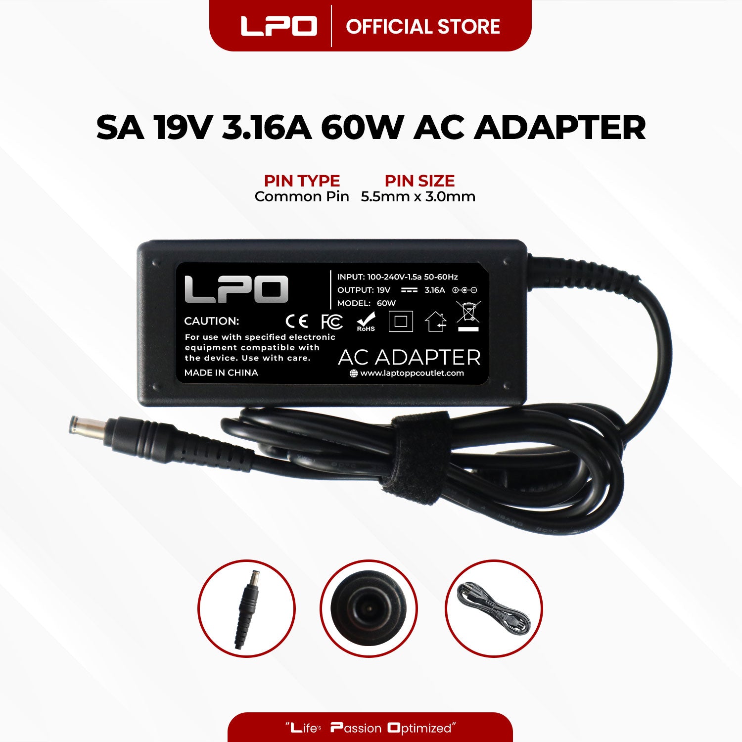Laptop Charger Samsung 19V 3.16A 60W Common Pin 5.5mm x 3.0mm Compatible with Samsung R428
