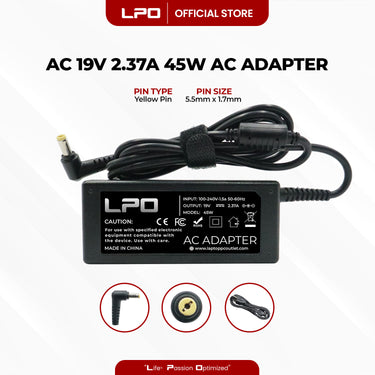 Laptop Charger Acer 19V 2.37A 45W Blue / Yellow Pin 5.5mm x 1.7mm Compatible with Acer TravelMate B116-M-C3WQ