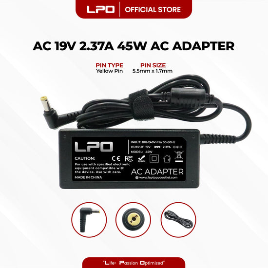 Laptop Charger Acer 19V 2.37A 45W Blue / Yellow Pin 5.5mm x 1.7mm Compatible with Acer TravelMate B116-M-C3WQ