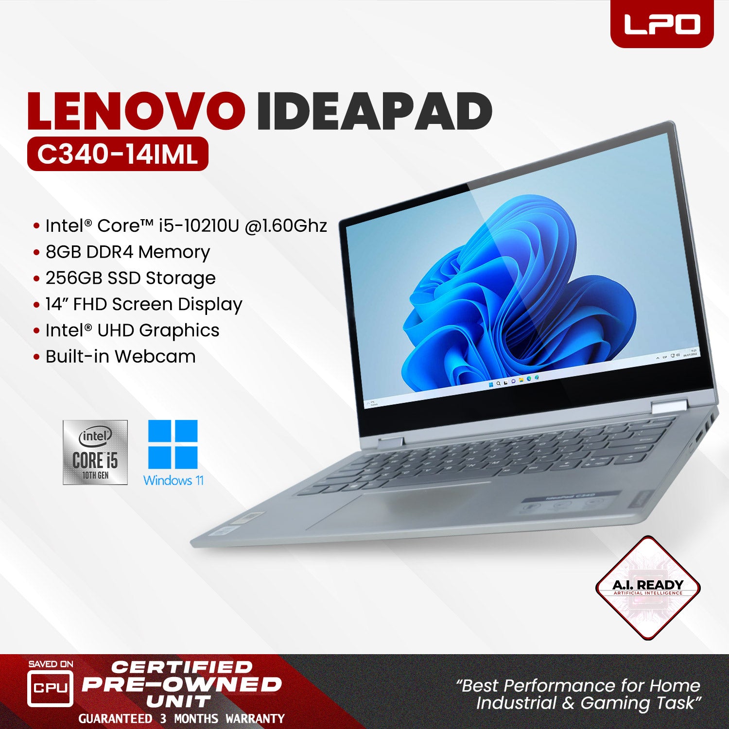 LPO Laptop Lenovo Ideapad C340-14IML Intel Core i5-10210U @1.60GHz 8GB DDR4 256GB SSD Win 11 Home 14.0