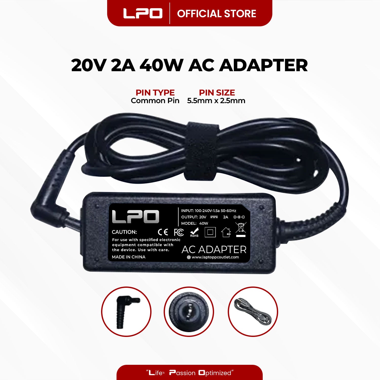 Laptop Charger Lenovo 20V 2A 40W Common Pin 5.5mm x 2.5mm Compatible with Lenovo IdeaPad S10 IdeaPad S9 Series