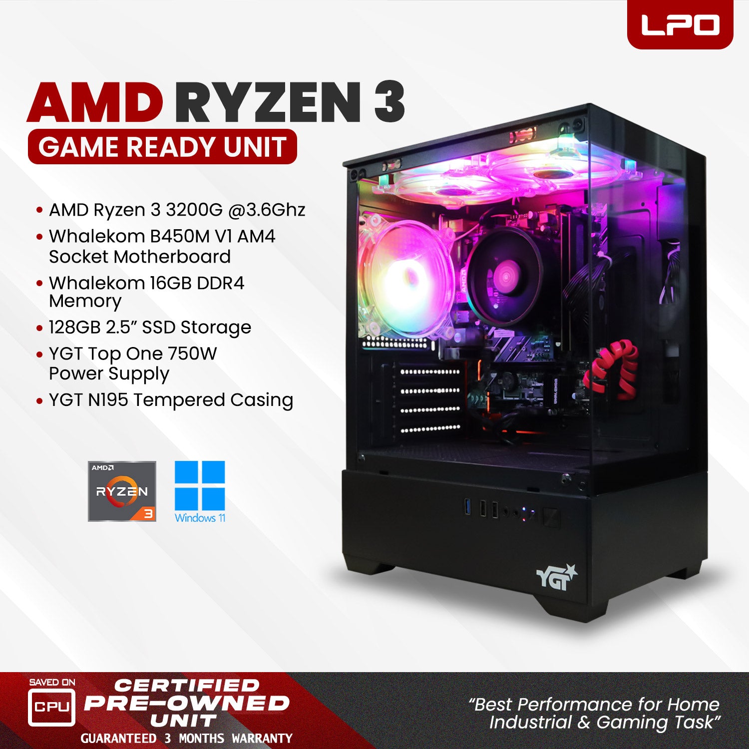 Gaming unit AMD Ryzen 3 3200G @3.6GHz Whalekom B450M V1 AM4 Socket Whalekom 16GB (2x8GB) 3200MHz DDR4 128GB 2.5