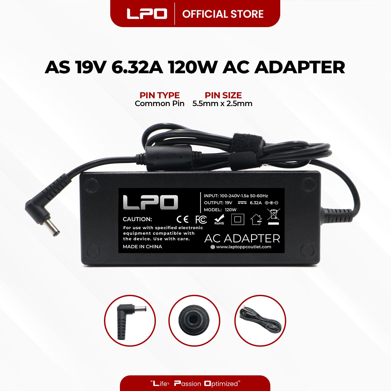 Laptop Charger Asus 19V 6.32A 120W Common Pin 5.5mm x 2.5mm Compatible with Asus N76VZ-V2G-T1054V