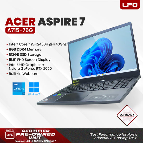 LPO Laptop Acer Aspire 7 A715-76G Intel i5-12450H @4.40Ghz 8GB DDR4 512GB SSD Win 11 Pro 15.6