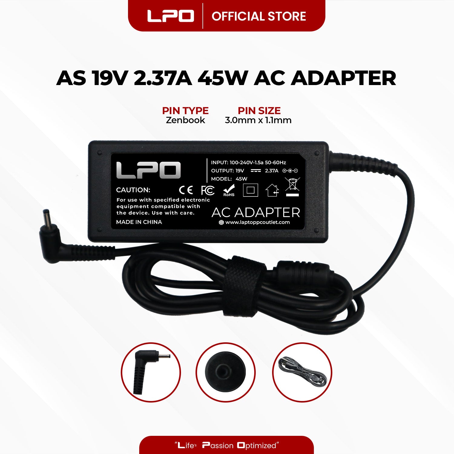 Laptop Charger Asus 19V 2.37A 45W Zenbook 3.0mm x 1.1mm Compatible with Asus ZenBook UX21