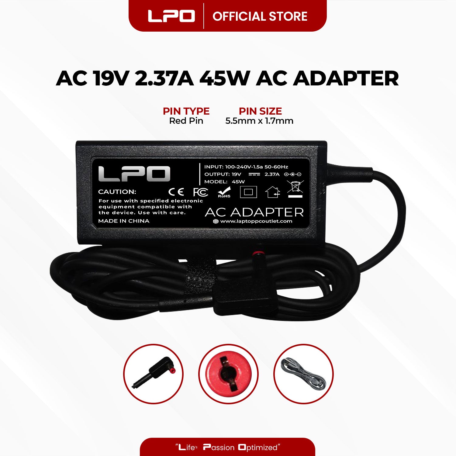 Laptop Charger Acer 19V 2.37A 45W Red Pin 5.5mm x 1.7mm Compatible with Acer Aspire E5-721
