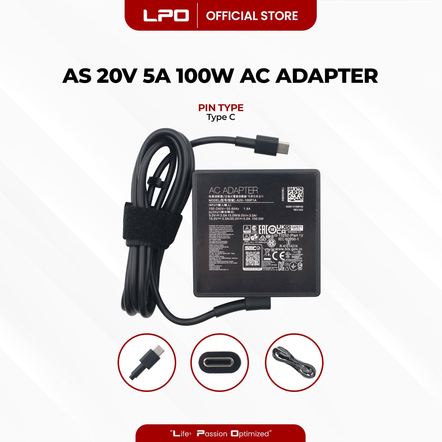 Laptop Charger Asus 20V 5A 100W TYPE C Compatible with ASUS ROG Flow X13