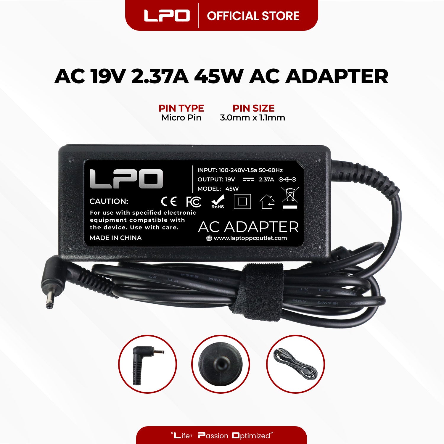 Laptop Charger Acer 19V 2.37A 45W Micro Pin 3.0mm x 1.1mm Compatible with Acer Aspire One Cloudbook AO1-131 AO1-431