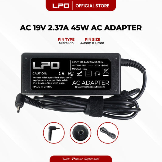 Laptop Charger Acer 19V 2.37A 45W Micro Pin 3.0mm x 1.1mm Compatible with Acer Aspire One Cloudbook AO1-131 AO1-431