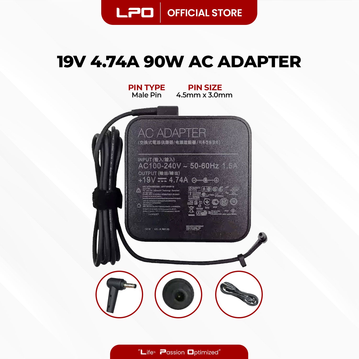 Laptop Charger Asus 19V 4.74A 90W Male Pin 4.5mm x 3.0mm Compatible with Asus Zenbook X560U UX480F x560UD