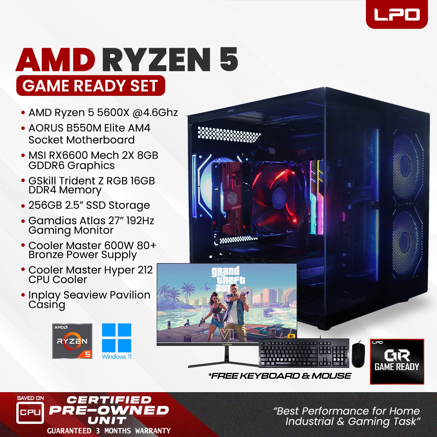 Gaming unit AMD Ryzen 5 5600X @ 4.6GHz AORUS B550M Elite AM4 socket 16GB G.Skill TridentZ RGB DDR4 TeamGroup GX2 256GB SSD 2.5