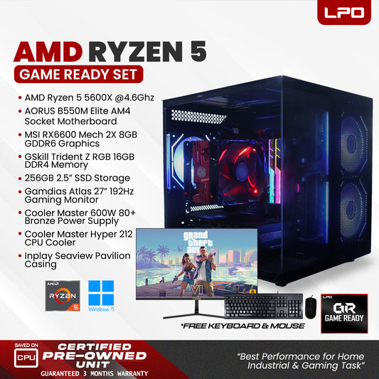 Gaming unit AMD Ryzen 5 5600X @ 4.6GHz AORUS B550M Elite AM4 socket 16GB G.Skill TridentZ RGB DDR4 TeamGroup GX2 256GB SSD 2.5" MSI RX 6600 Mech 2X 8GB GDDR6 CoolerMaster 600W + 80 Bronze CoolerMaster Hyper 212 InPlay Seaview Pavilion casing