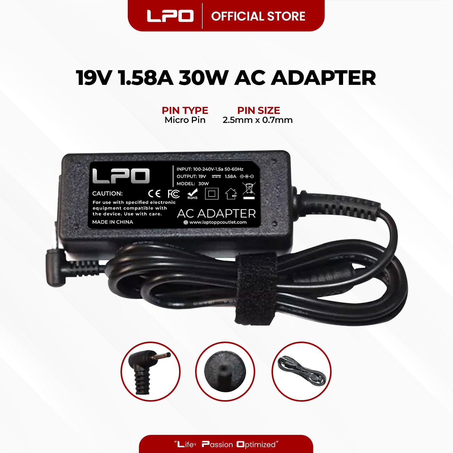 Laptop Charger Asus 19V 1.58A 30W Micro Pin 2.5mm x 0.7mm Compatible with Asus EeePC Seashell 1008 1008P 1008HAG