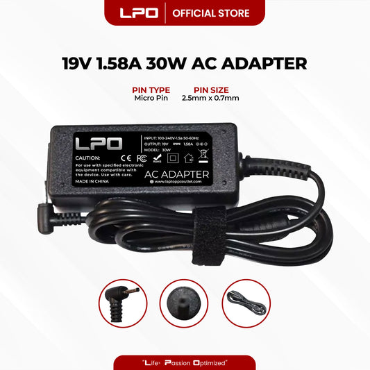 Laptop Charger Asus 19V 1.58A 30W Micro Pin 2.5mm x 0.7mm Compatible with Asus EeePC Seashell 1008 1008P 1008HAG
