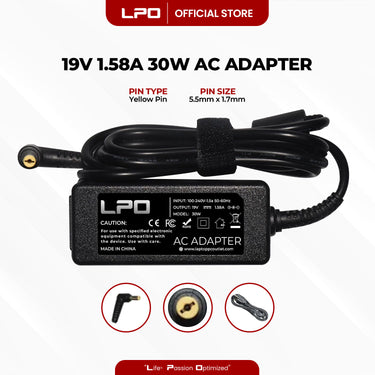 Laptop Charger Acer 19V 1.58A 30W Yellow Pin 5.5mm x 1.7mm Compatible with Acer Aspire One D255 D255E D260