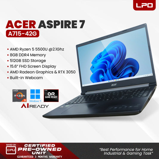 LPO Laptop Acer Aspire 7 A715-42G AMD Ryzen 5 5500U @ 2.10GHz 8GB DDR4 512GB SSD 15.6" FHD AMD Radeon Graphics & NVIDIA RTX 3050
