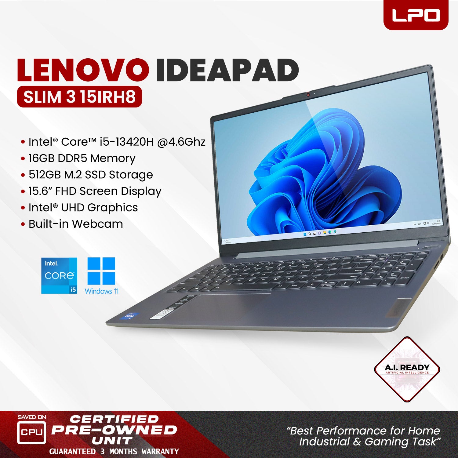 LPO Laptop Lenovo IdeaPad Slim 3 15IRH8 Intel Core i5-13420H @ 4.6GHz 16GB DDR5 512GB M.2 SSD Windows 11 Home 15.6