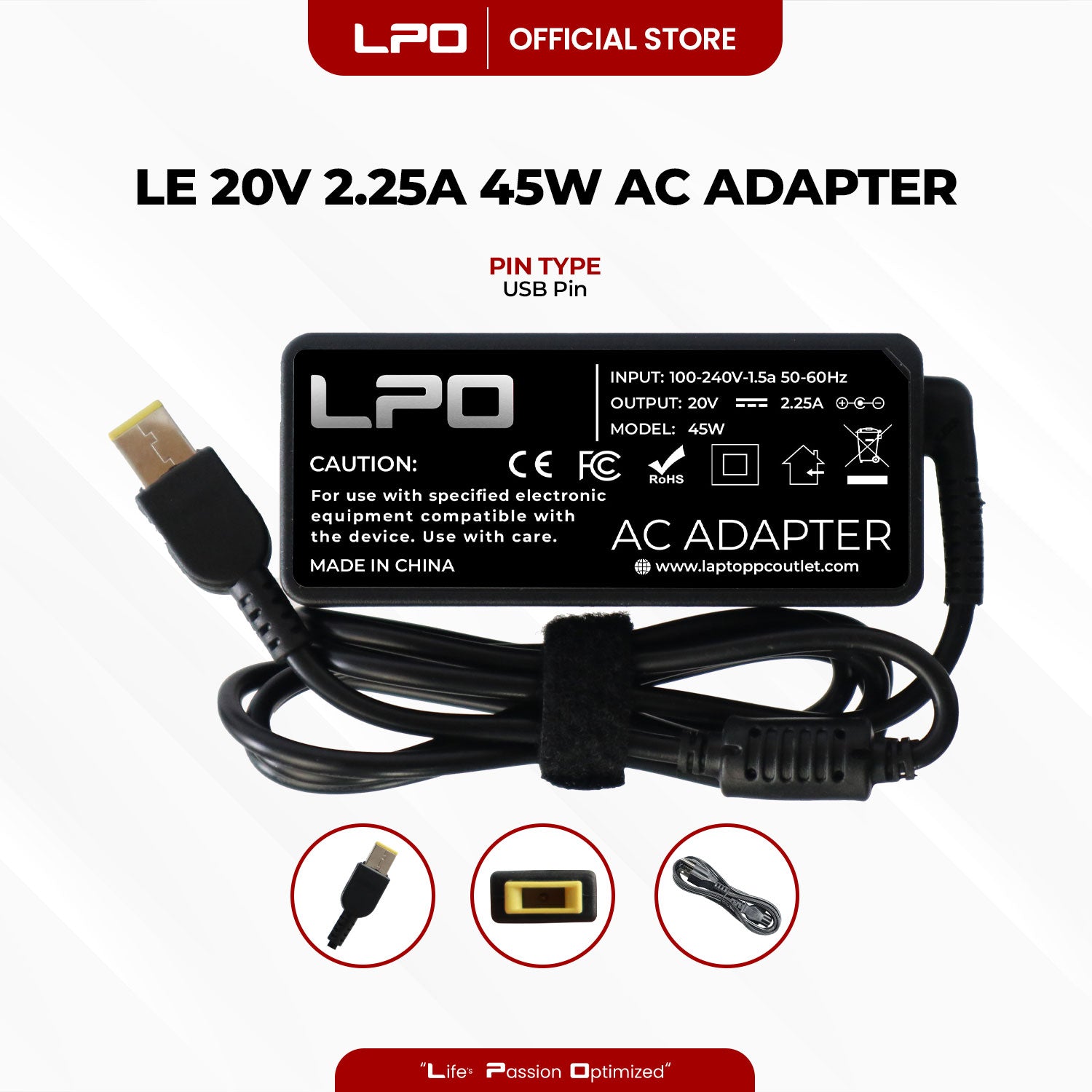 Laptop Charger Lenovo 20V 2.25A 45W	USB Pin Compatitble with Lenovo IdeaPad Touch , IdeaPad Series , IdeaPad Flex , ThinkPad Edge , ThinkPad , IdeaPad Yoga , G400 G405s G400s, G500, G500s, G40, G505, G50, G505