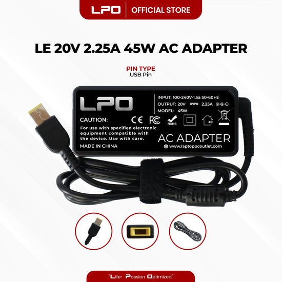 Laptop Charger Lenovo 20V 2.25A 45W	USB Pin Compatitble with Lenovo IdeaPad Touch , IdeaPad Series , IdeaPad Flex , ThinkPad Edge , ThinkPad , IdeaPad Yoga , G400 G405s G400s, G500, G500s, G40, G505, G50, G505