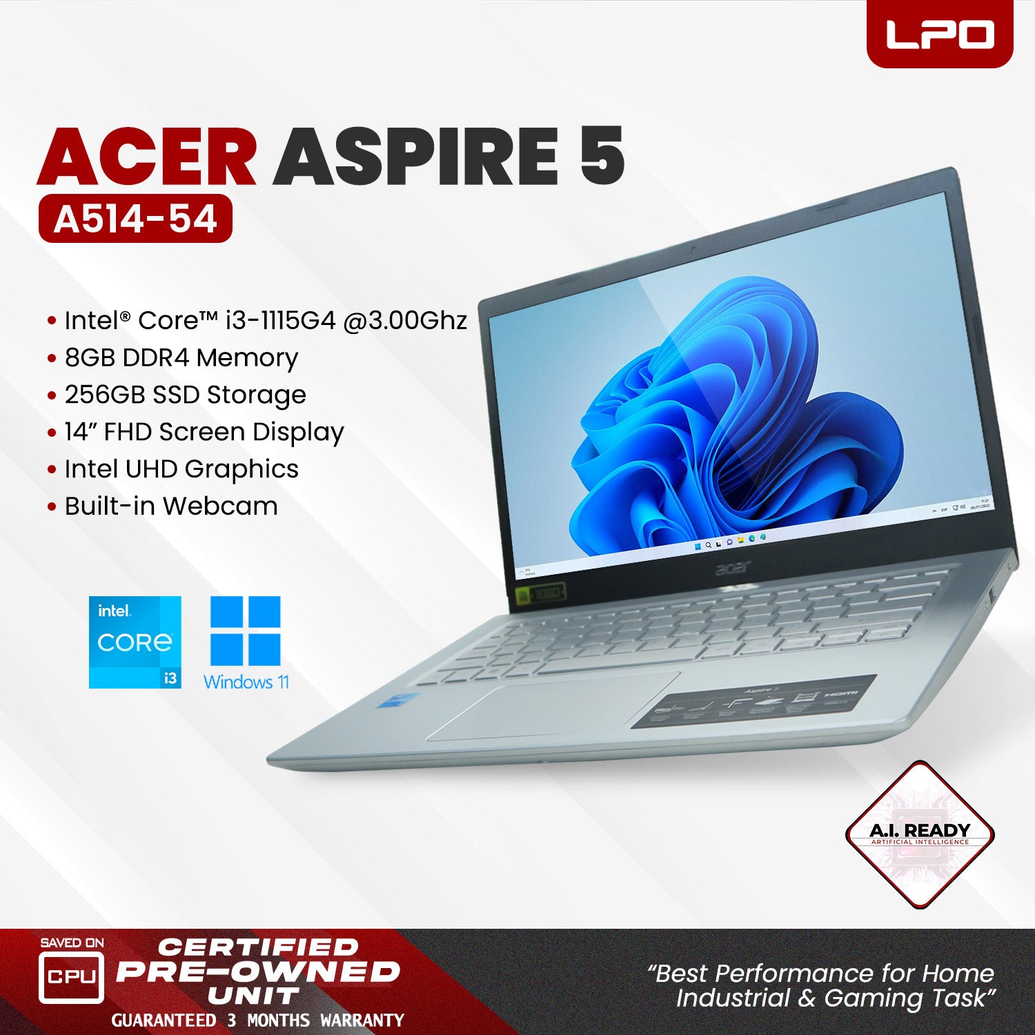 LPO Laptop Acer Aspire 5 A514-54 Intel i3-1115g4 @3.00GHz 8GB DDR4 256GB SSD Win 11 Pro 14.0