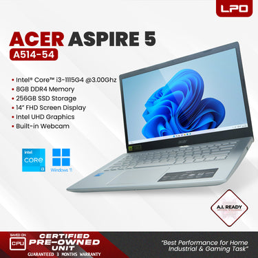 LPO Laptop Acer Aspire 5 A514-54 Intel i3-1115g4 @3.00GHz 8GB DDR4 256GB SSD Win 11 Pro 14.0