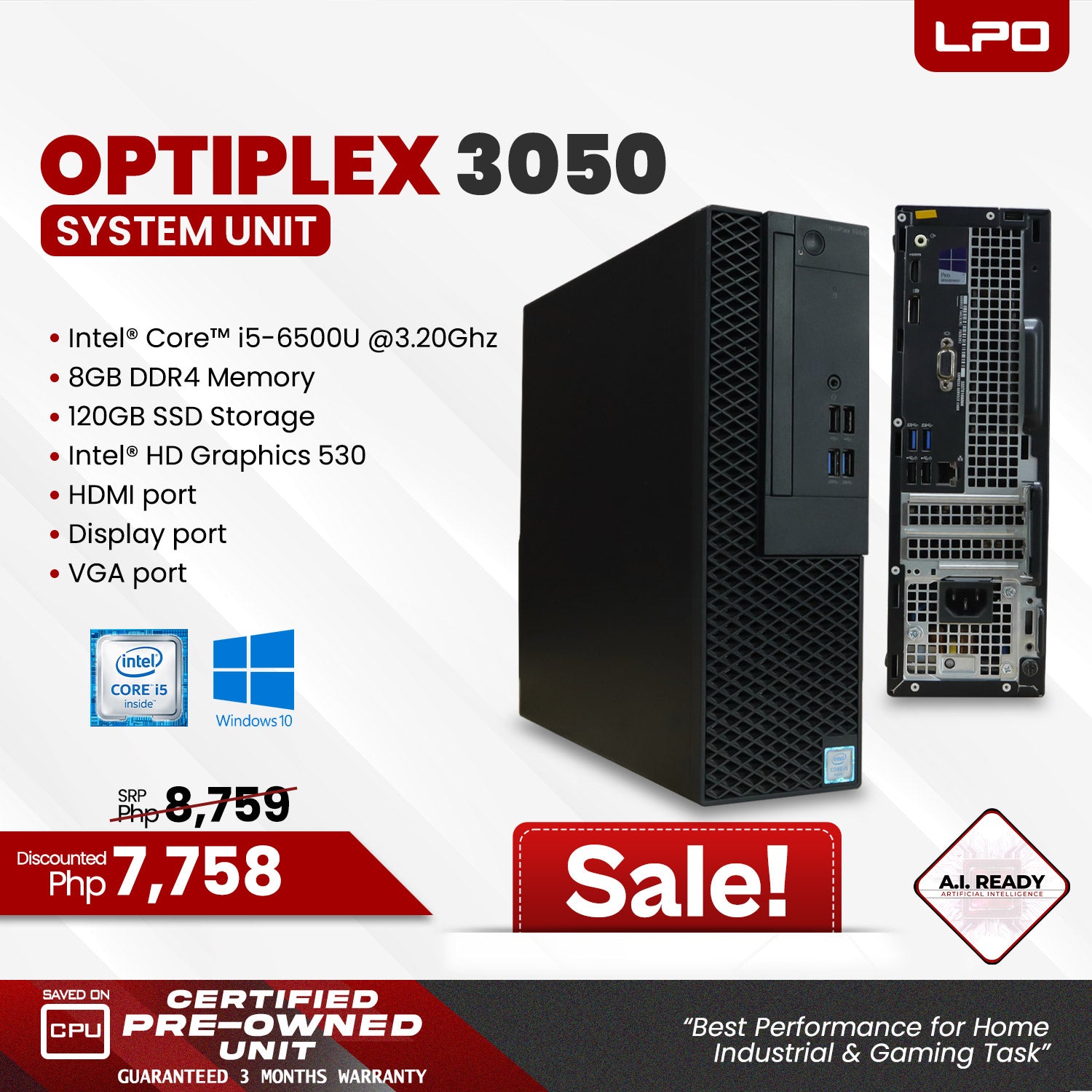 Dell Optiplex 3050 System Unit Intel Core i5-6500U 3.20Ghz 8GB DDR4 120GB SSD Intel HD Graphics 530