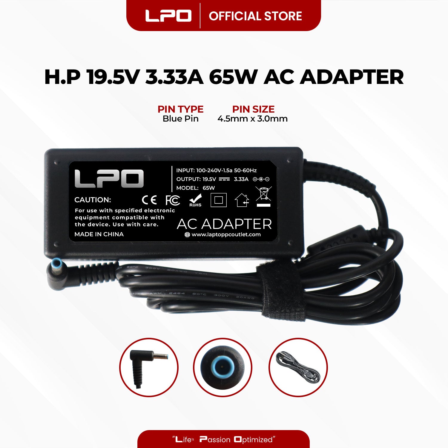 Laptop Charger HP 19.5V 3.33A 65W Blue Pin 4.5mm x 3.0mm Compatible with TPN-CA16, PPP009C, PA-1650-32H3