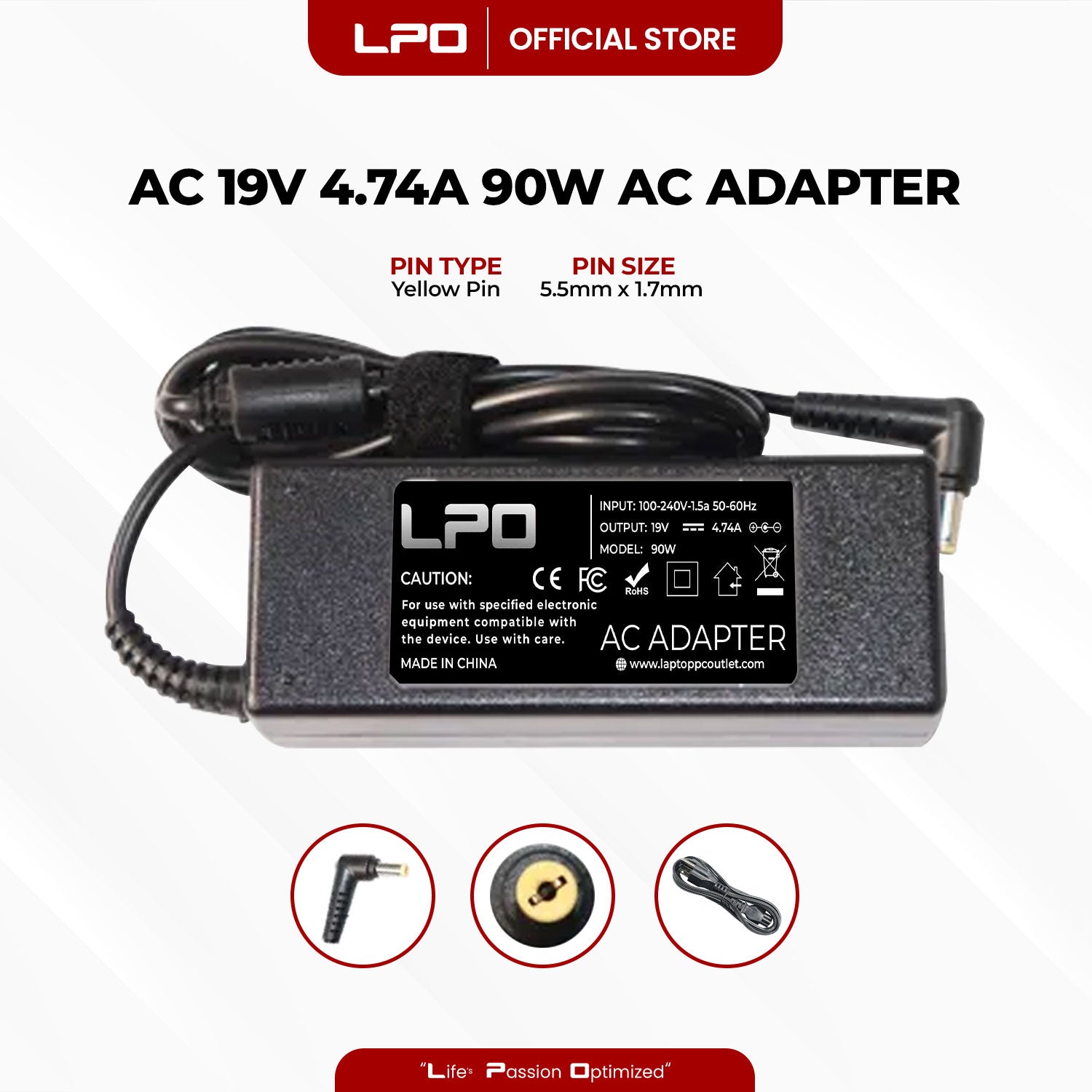 Laptop Charger Acer 19V 4.74A 90W Yellow Pin 5.5mm x 1.7mm Compatible with Acer Aspire 9420 9510