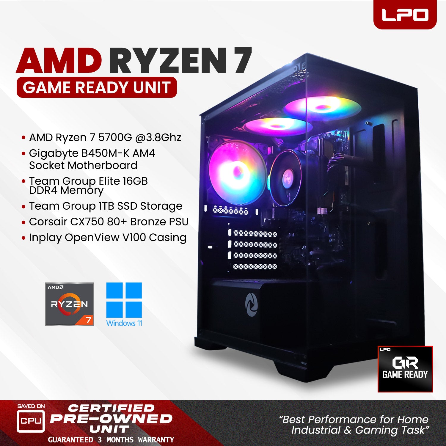 Gaming Unit AMD Ryzen 7 5700G @3.8Ghz Gigabyte B450M-K AM4 Socket Team Group Elite 16GB DDR4 Team Group 1TB SSD Corsair CX750 80+ Bronze Inplay OpenView V100 Casing (Game Ready)