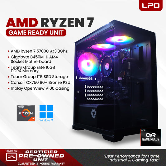Gaming Unit AMD Ryzen 7 5700G @3.8Ghz Gigabyte B450M-K AM4 Socket Team Group Elite 16GB DDR4 Team Group 1TB SSD Corsair CX750 80+ Bronze Inplay OpenView V100 Casing (Game Ready)