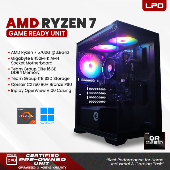 Gaming Unit AMD Ryzen 7 5700G @3.8Ghz Gigabyte B450M-K AM4 Socket Team Group Elite 16GB DDR4 Team Group 1TB SSD Corsair CX750 80+ Bronze Inplay OpenView V100 Casing (Game Ready)