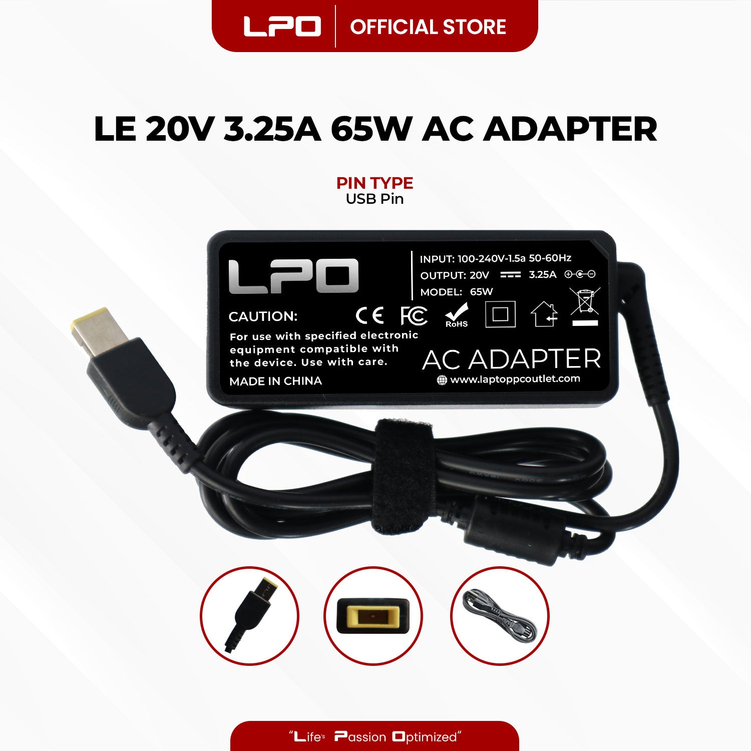 Laptop Charger Lenovo 20V 3.25A 65W USB Pin Lenovo IdeaPad Touch, IdeaPad Series, IdeaPad Flex , ThinkPad Edge , ThinkPad , IdeaPad Yoga , G400 G405s G400s, G500, G500s, G40, G505, G50, G505