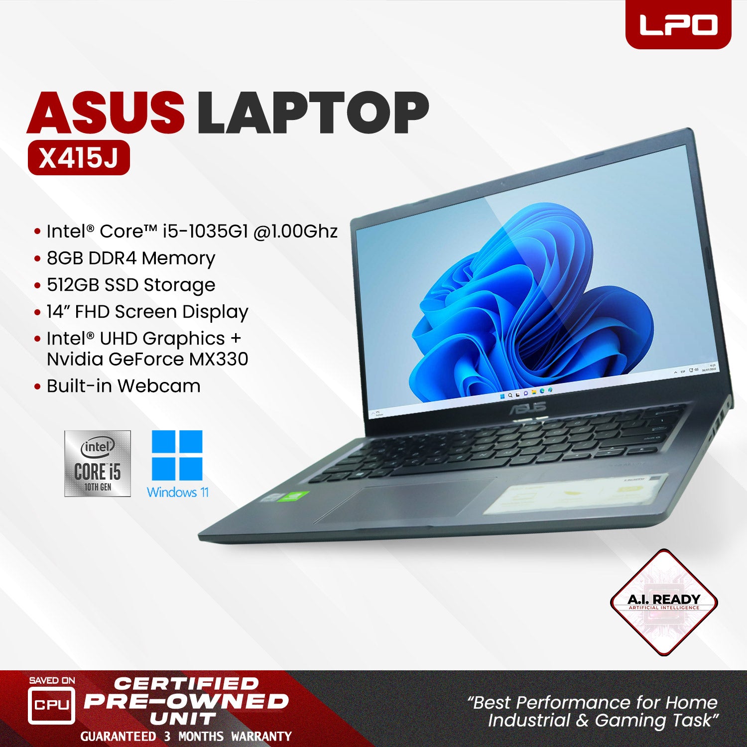 LPO Laptop Asus X415J Intel i5-1035G1 @1.00GHz 8GB DDR4 512GB SSD Win 11 Pro 14.0