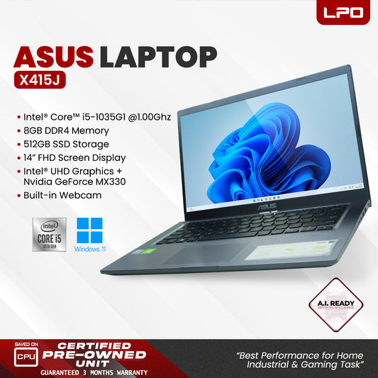 LPO Laptop Asus X415J Intel i5-1035G1 @1.00GHz 8GB DDR4 512GB SSD Win 11 Pro 14.0" FHD 1920*1080 Intel UHD Graphics NVIDIA MX330