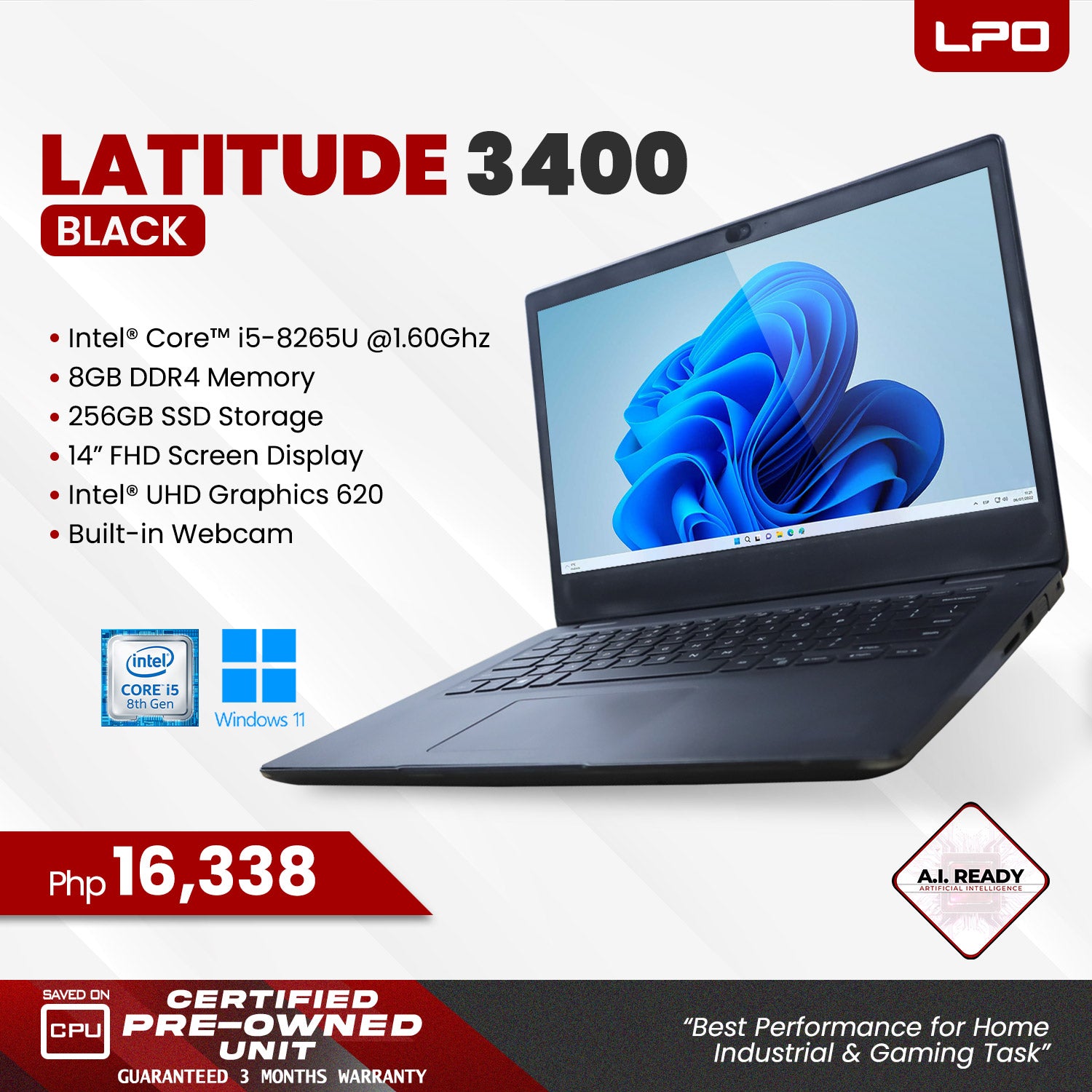 LPO Laptop Dell Latitude 3400 Black Intel Core i5-8265U 1.60Ghz 8Gb DDR4 256GB SSD Intel UHD Graphics 620 14