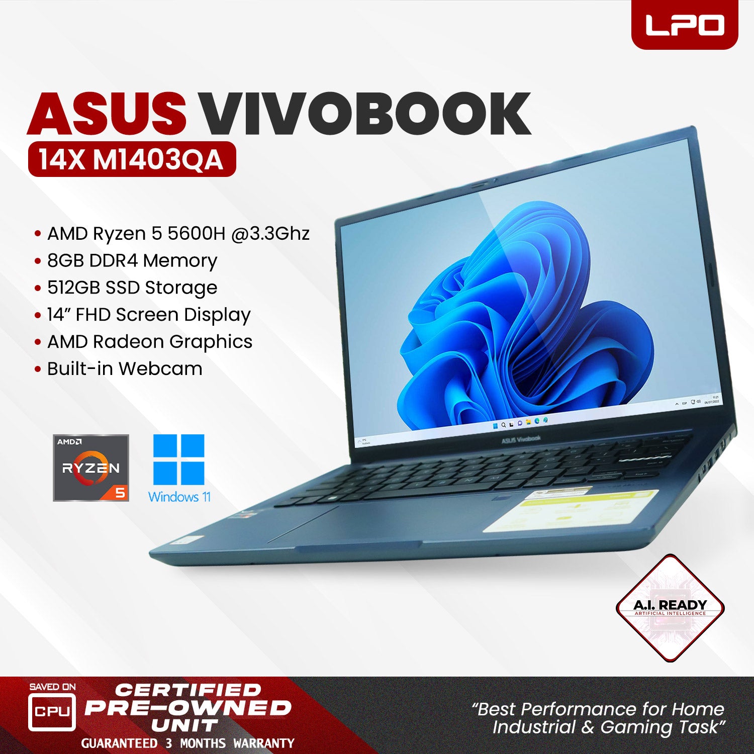 LPO Laptop Asus Vivobook 14X M1403QA RYZEN 5 5600H @3.3GHZ 8GB DDR4 512GB SSD Win 11 Pro 14.0