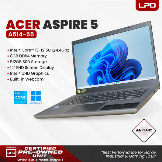 LPO Laptop Acer Aspire 5 A514-55 Intel Core i3-1215U @ 4.4GHz 8GB DDR4 512GB SSD Windows 11 Home 14.0" FHD 1920*1080 Intel UHD Graphics