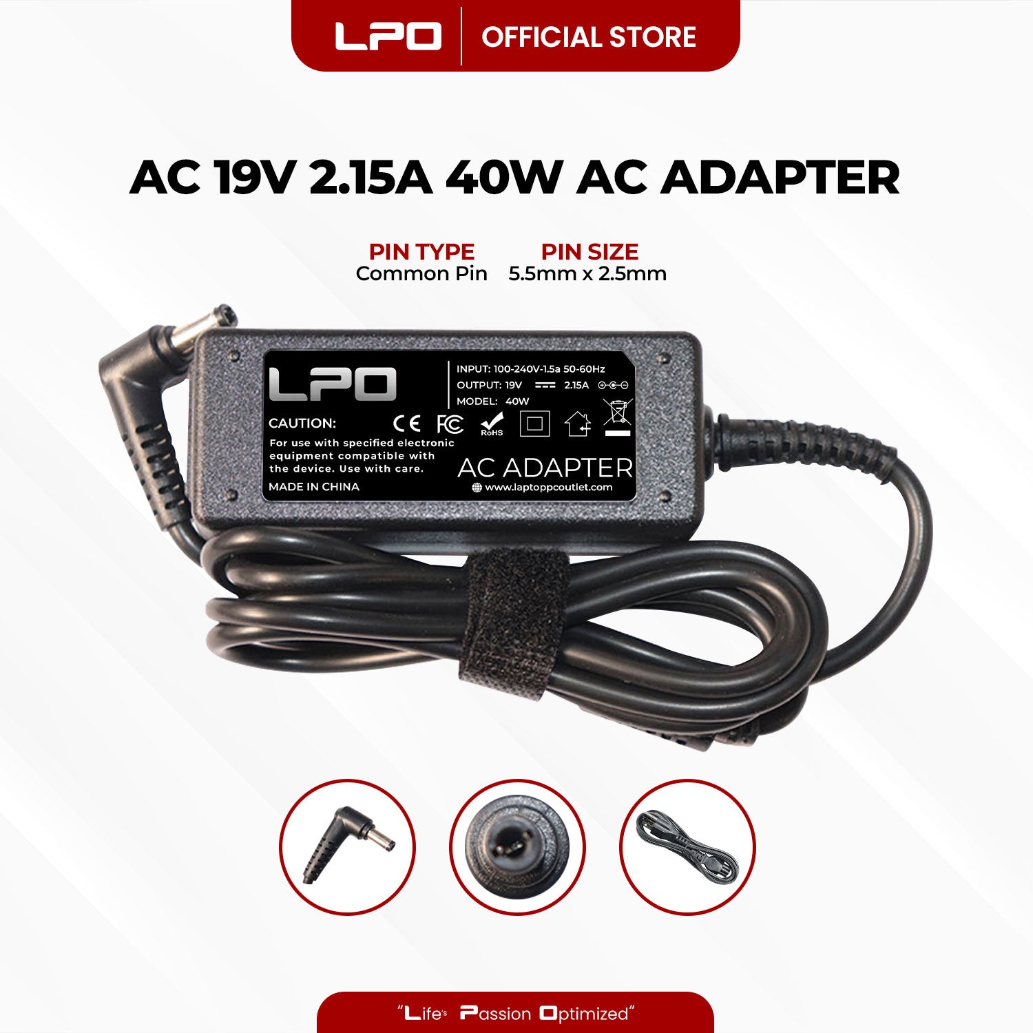 Laptop Charger Acer  19V 2.15A 40W Common Pin 5.5mm x 2.5mm Compatible with Acer Aspire One