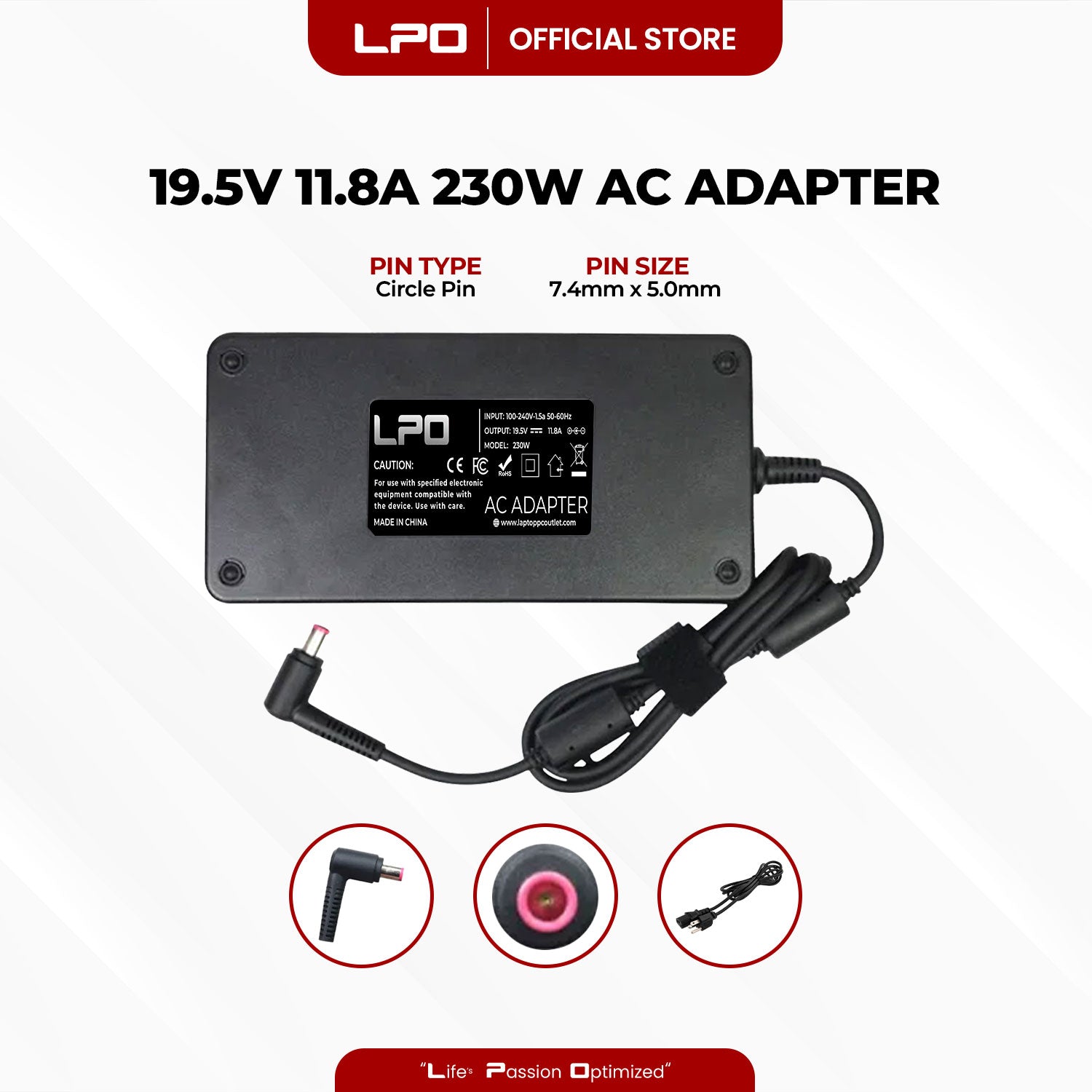 Laptop Charger Acer 19.5V 11.8A 230W Circle Pin 7.4mm x 5.0mm Compatible with Acer Predator 17 GTX 1070 G9-793-79V5 78CM 79PE 73MB 79VS