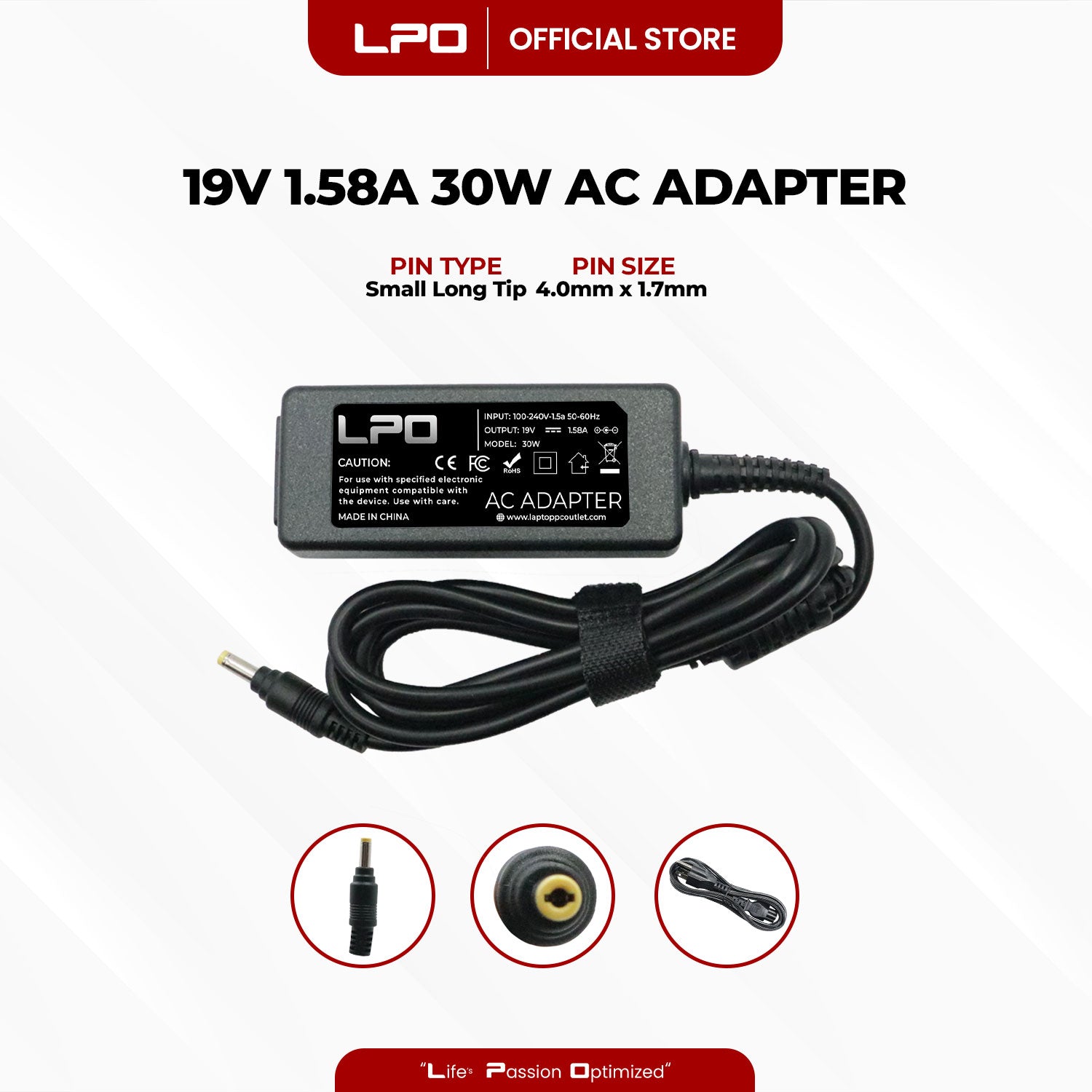 Laptop Charger HP 19V 1.58A 30W Small Long Tip 4.0mm x 1.7mm Compatible with HP Mini 110 110XP 210