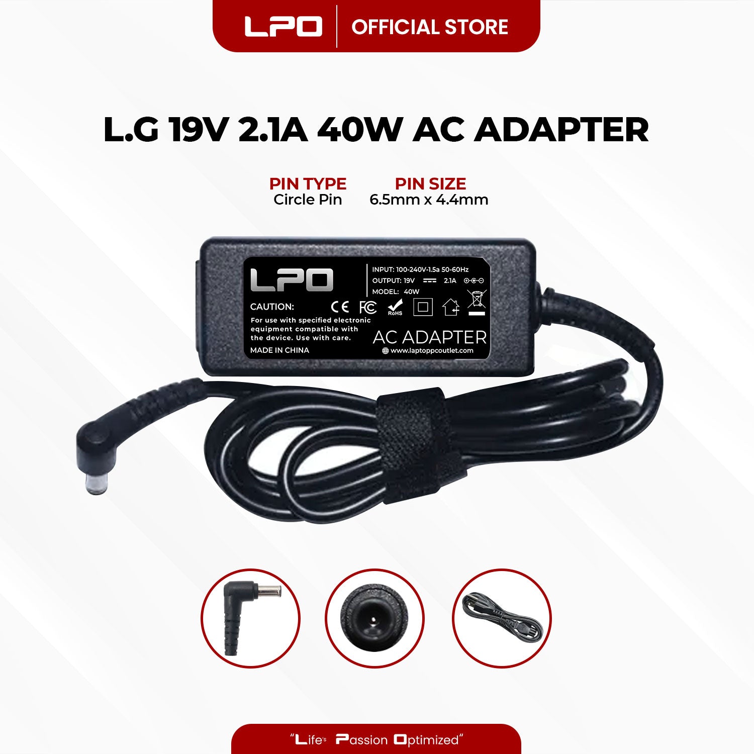 Laptop Charger LG 19V 2.1A 40W Circle Pin 6.5mm x 4.4mm Compatible with LG E1951S E2051S