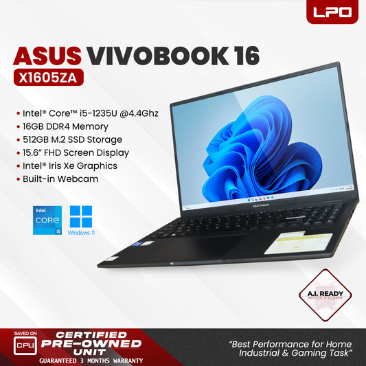 LPO Laptop Asus Vivobook 16 X1605ZA Intel Core i5-1235U @ 4.4GHz 16GB DDR4 512GB M.2 SSD Windows 11 Home 15.6" FHD 1920*1080 Intel Iris Xe Graphics