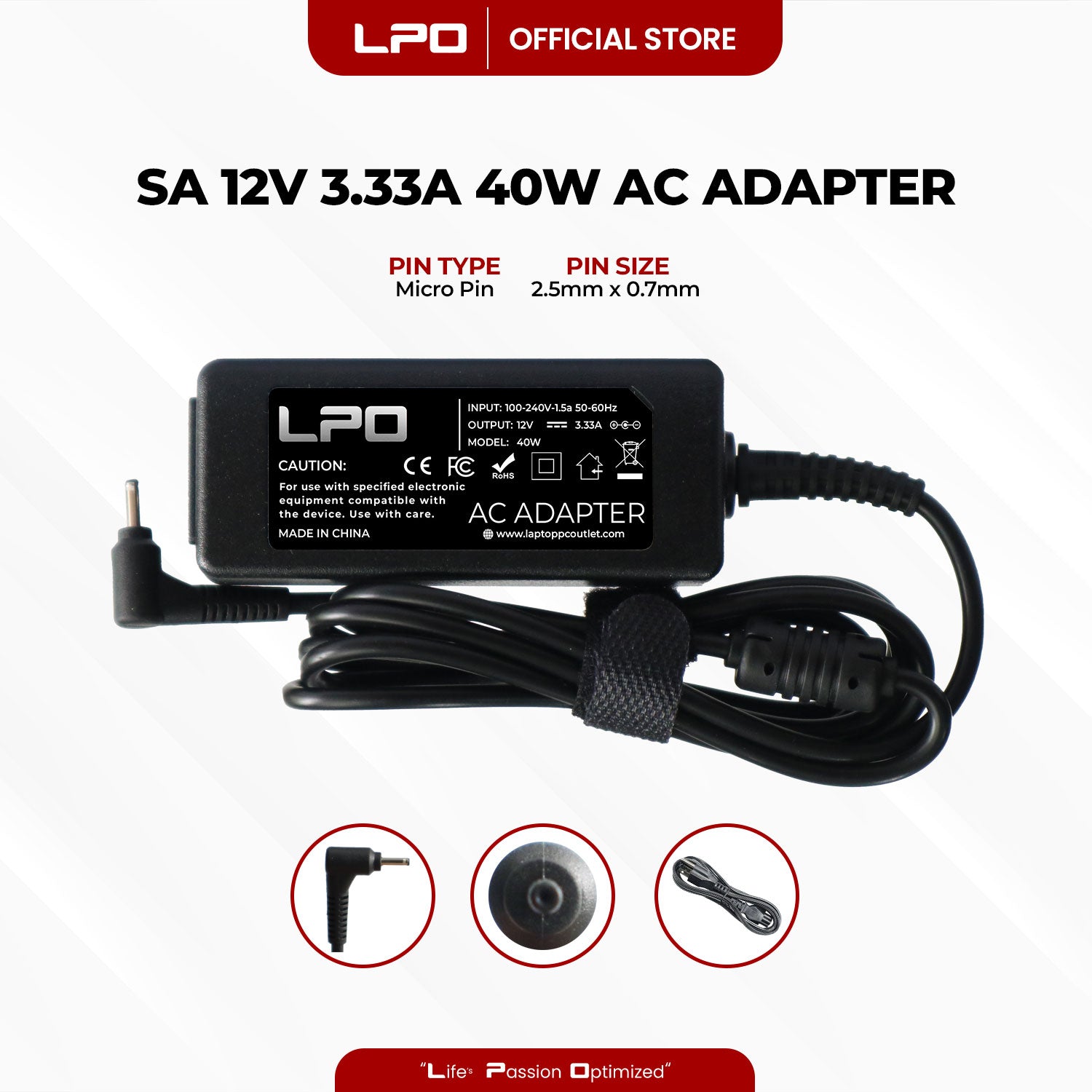 Laptop Charger Samsung 12V 3.33A 40W Micro Pin 2.5mm x 0.7mm Compatible with Samsung Chromebook 3 XE500C13