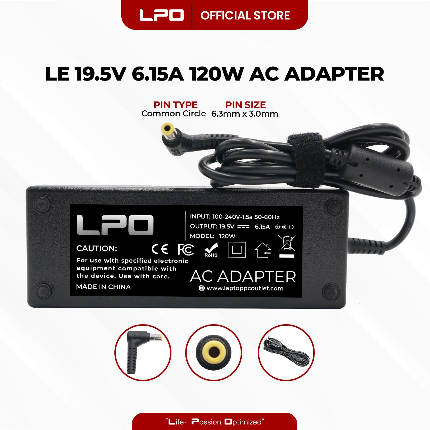 Laptop Charger Lenovo 19.5V 6.15A 120W Common Circle Pin 6.3mm x 3.0mm Compatible with 