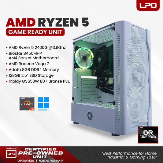 Gaming Unit AMD Ryzen 5 2400G @3.6Ghz Biostar B450MHP AM4 Socket AMD Radeon Vega 7 Adata 8Gb DDR4 128GB 2.5" SSD Inplay GS650W 80+ Bronze (Game Ready)